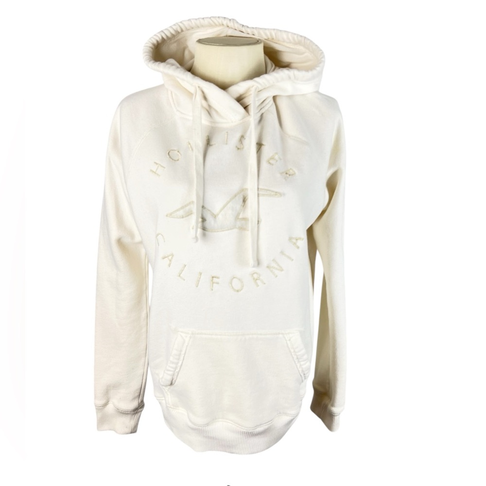 Hollister hoodie womens size M cream color gold stitching fleece bird logo